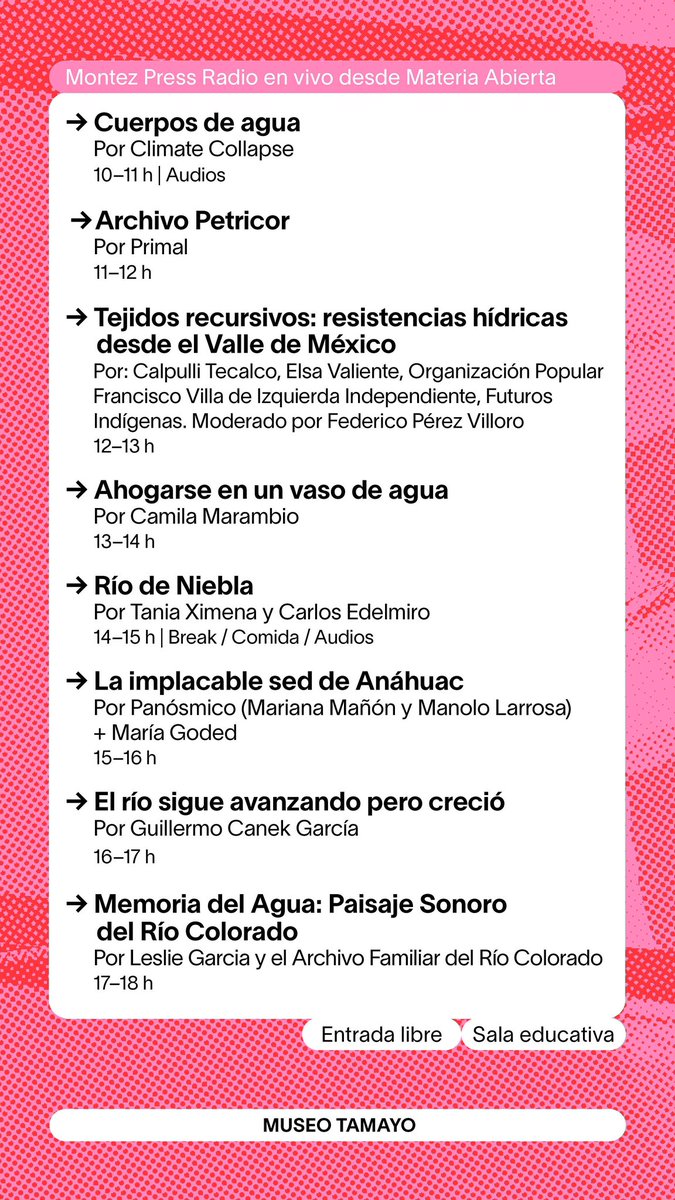 ¡Nos vemos mañana en el @museotamayo! Como parte de nuestra residencia en la Sala Pública del museo organizamos este encuentro alrededor de la dimensión política del agua, en colaboración con Montez Press Radio. Les esperamos de 10 a 18 hrs 💦🩵. #EntradaLibre