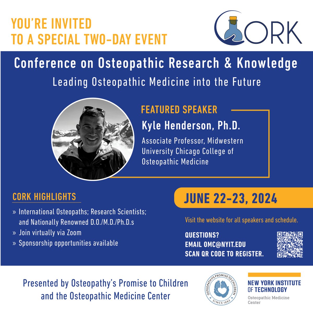 🌐 Explore #CORK2024: Two-Day Symposium on Osteopathic Research & Knowledge! 📆 June 22-23, 2024 📍 NYIT College of Osteopathic Medicine 🌐 RSVP: nyit.edu/u/tZE9Q0 🎙️ Featured Speaker: Dr. Kyle Henderson, Ph.D., joined by experts. @AOAforDOs @CORK2024