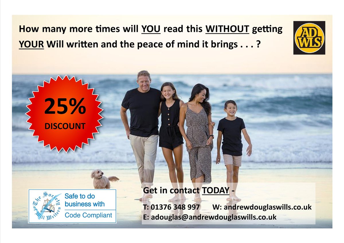 Don't let cost be a factor in stopping you from planning for the future!

#ADWLS #localbusiness #essex #discount #wills #makeawill #futureplans