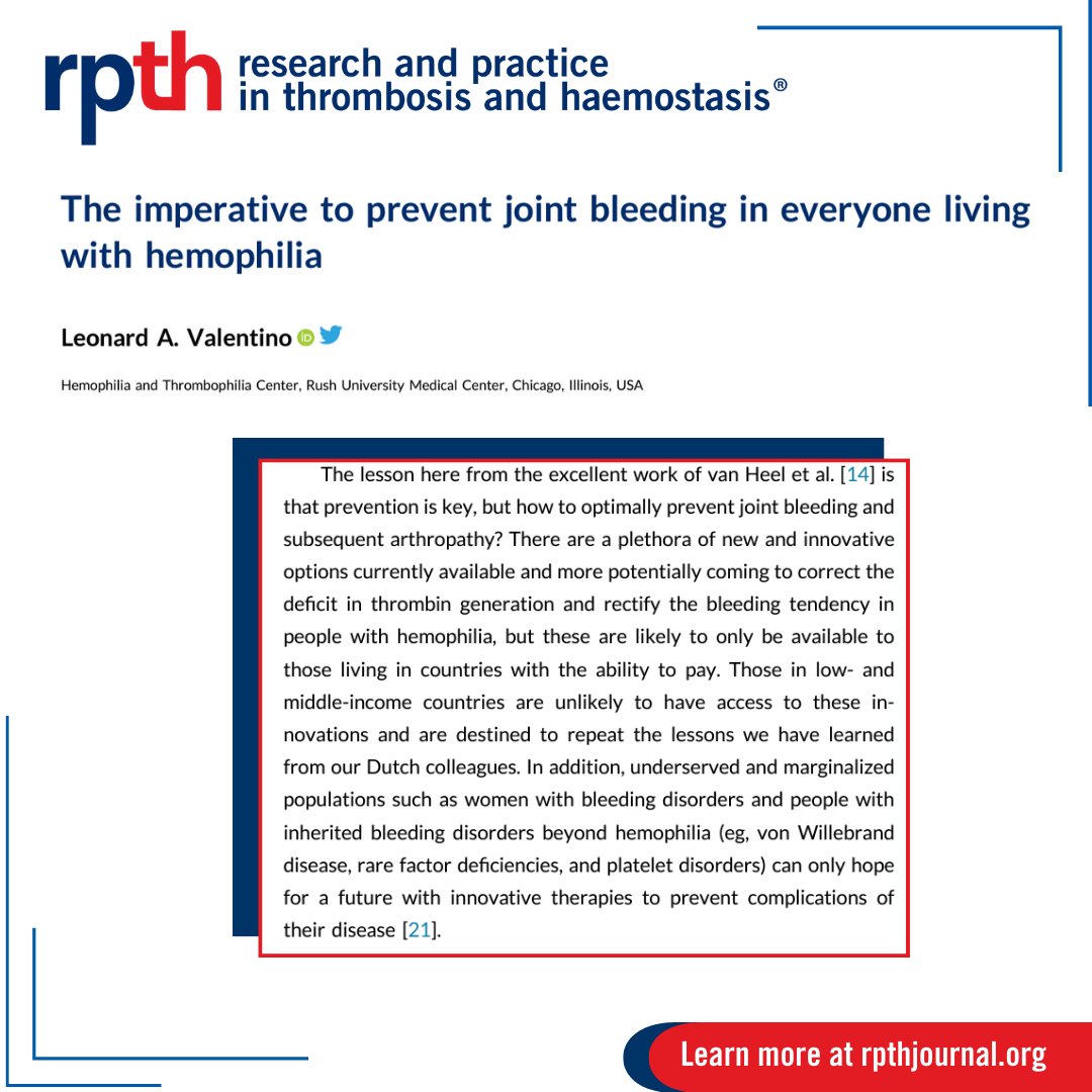 In this commentary, @LenValentino1 underscores the persistent challenges in managing #hemophilia, highlighted in a recent article by Van Heels (tinyurl.com/ResPractTH). Despite advancements, bleeding episodes still lead to arthropathy. Read here: rpthjournal.org/article/S2475-…