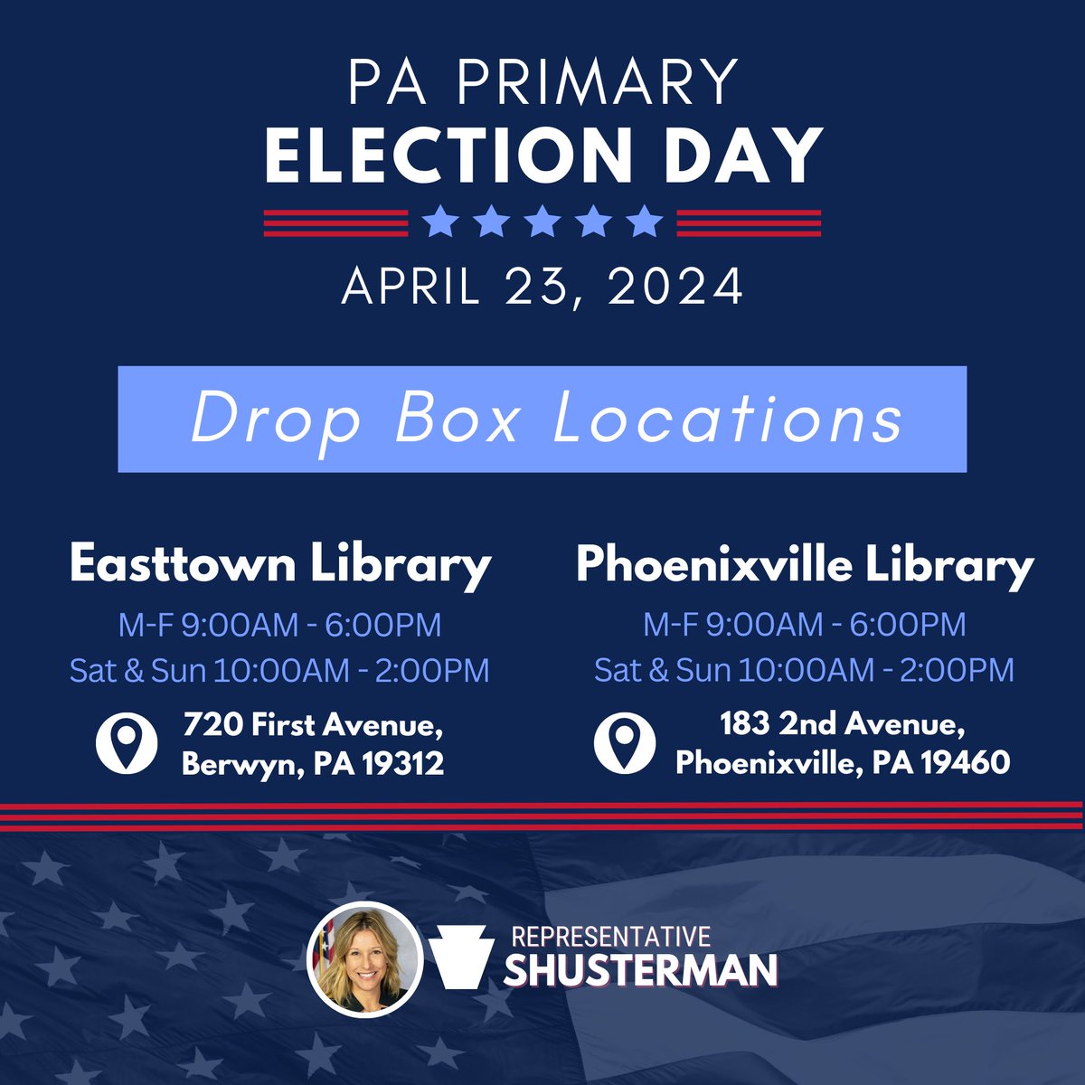 RepShusterman's tweet photo. 𝗧𝗵𝗲 #𝗣𝗔𝗣𝗿𝗶𝗺𝗮𝗿𝘆 𝗘𝗹𝗲𝗰𝘁𝗶𝗼𝗻 𝗶𝘀 𝗻𝗲𝘅𝘁 𝗧𝘂𝗲𝘀𝗱𝗮𝘆, 𝗔𝗽𝗿𝗶𝗹 𝟮𝟯𝗿𝗱! 🗳
Make sure to 𝗦𝗜𝗚𝗡, 𝗗𝗔𝗧𝗘, & 𝗥𝗘𝗧𝗨𝗥𝗡 your mail-in ballot!
The closest secure drop box locations around the 157th district are @easttownlibrary & @phxville. #PAElection https://t.co/bJz6y9skoH