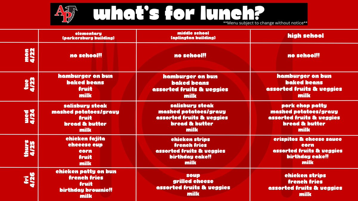 Here's a look at what's for lunch next week at AP Schools! @APFalcons #schoollunch #apfalcons