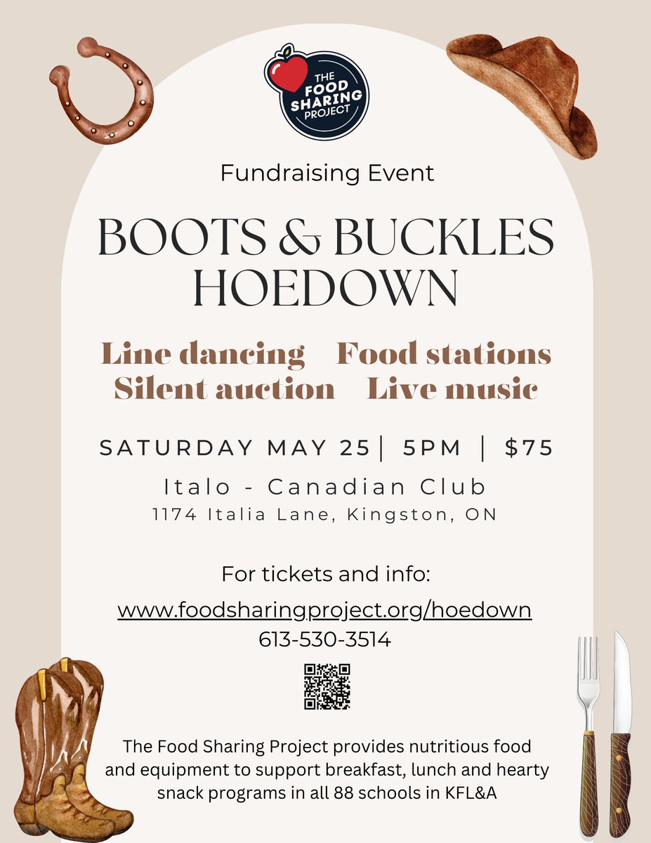 Join us for a night of dancing, food, fun, and western vibes at the Italo-Canadian Club in support of The @foodsharingproj. Dust off your boots, put on your cowboy hat, and get ready to kick up your heels on the dance floor. foodsharingproject.org/hoedown @LimestoneDSB @LDSBPIC @alcdsb