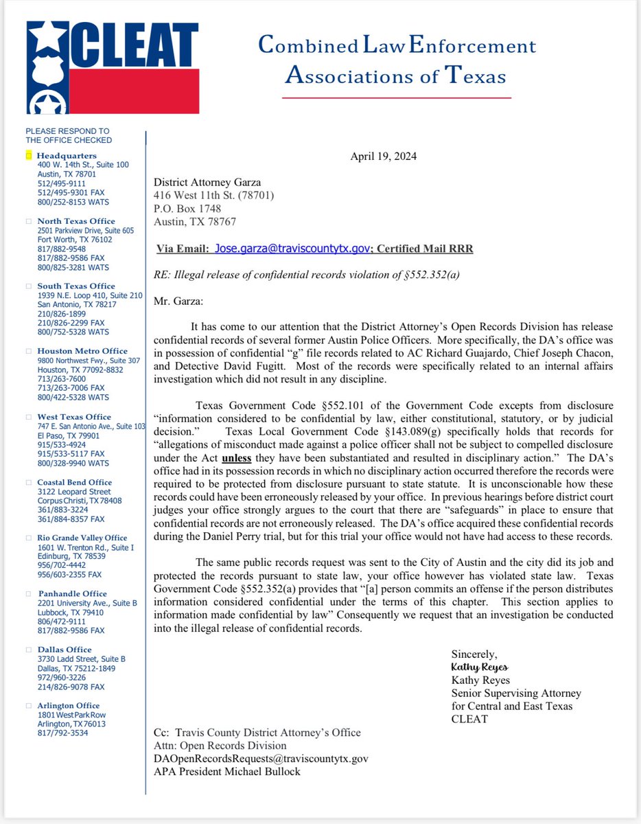 Rules for thee, not for me. The motto of our DA. Today with @CLEAT we sent a letter to the Travis County District Attorney about serious violations of state law that his office has ignored - releasing confidential information about police officers in violation of state law.