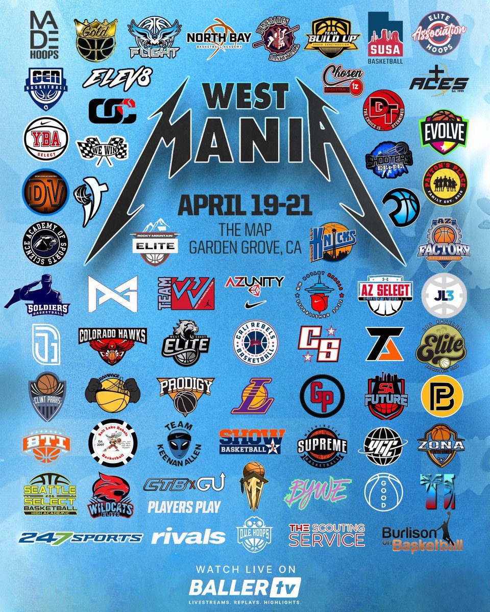 BallerTV's tweet photo. Don't miss the @EHACircuit ✖️ @madehoops West Mania!

👉 @Soldiers_Salute @teamwhynot @Jl3Basketball @TeamSFG_EYBL @wceua @Arizona_Unity @CAStarsWay @JalenGreenElite @VegasEliteHoops @CaliRebels and more!

📅 Apr 19-21
📺 Watch live and on replay: https://t.co/tyWuwPIIft https://t.co/IzAZMrkj78