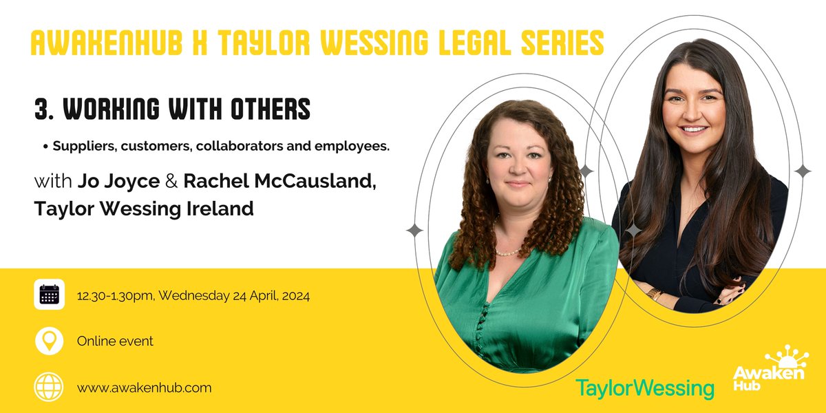 Looking forward to the next leg of our @awakenhub Legal Series Journey Map for women founders with #TaylorWessingIreland - with Jo Joyce & Rachel McCausland on 'Working With Others'. Exclusively for #AwakenClub members. Register now! 🕒✨ awakenhub.com/join