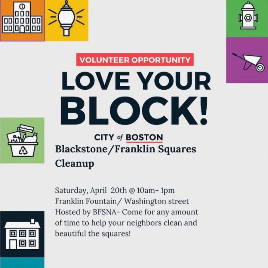 🗣️Volunteer opportunity! Meet your neighbors and help beautify Blackstone and Franklin Squares along with their surrounding blocks with the Love Your Block cleanup event hosted by BFSNA. April 20 from 10am-1pm at Franklin Fountain/ Washington Street. bit.ly/4b6ddiV