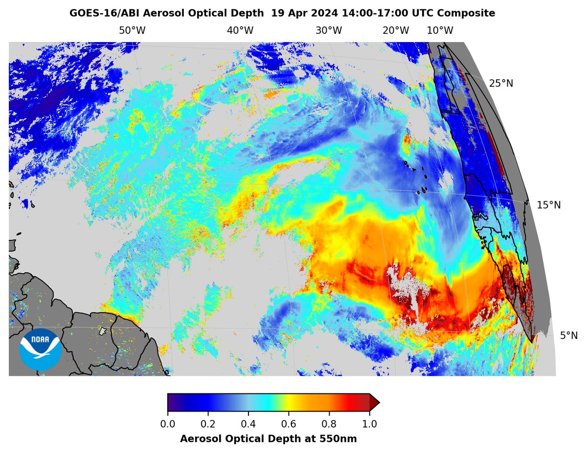 A large #SaharanDust plume is moving across the #AtlanticOcean towards #SouthAmerica & the #Caribbean today 19 Apr, as shown by #GOESEast #ABI aerosol optical depth 3-hour composite.  @NOAASatellites @m_parrington @GOESguy