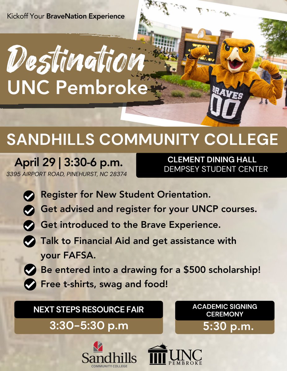 Flyers 🔜 Braves: Considering @uncpembroke? Join us for a new student night on April 29, 3:30-6 pm. Open to SCC students looking to transfer and prospective UNCP students—no SCC affiliation required. #SandhillsCC
