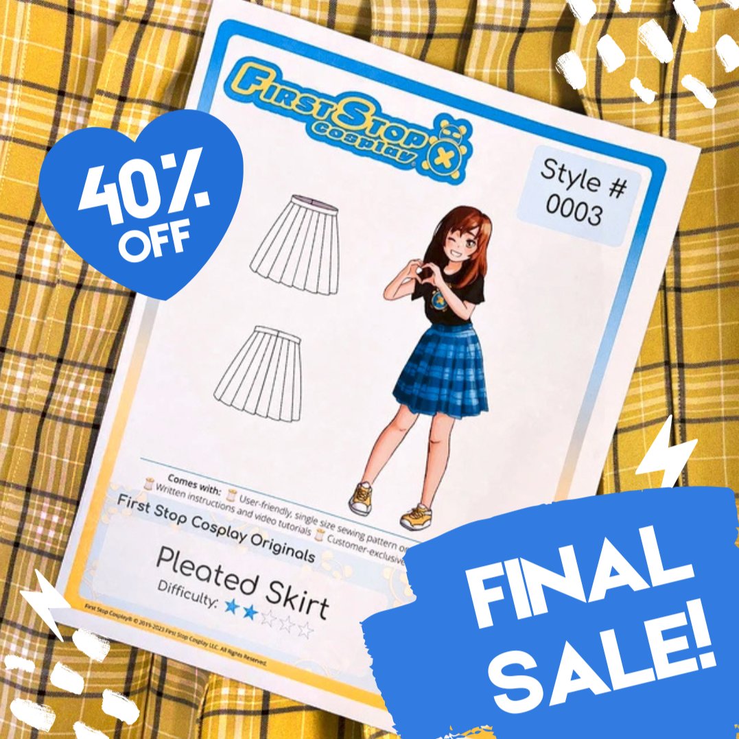 1stStopCosplay's tweet photo. โ ๏ธ Stock Clearance Sale! โ ๏ธ
Get 40% off our old Pleated Skirt Pattern and 20% off the rest of our FSCO patterns! If you've been eyeing something, now's the time to stock up ๐
#pleatedskirt #diy #diyskirt #diyfashion #cosplay #sewingbeginner #sewingpattern #sale #cosplayshop https://t.co/sPsd00Mfh8