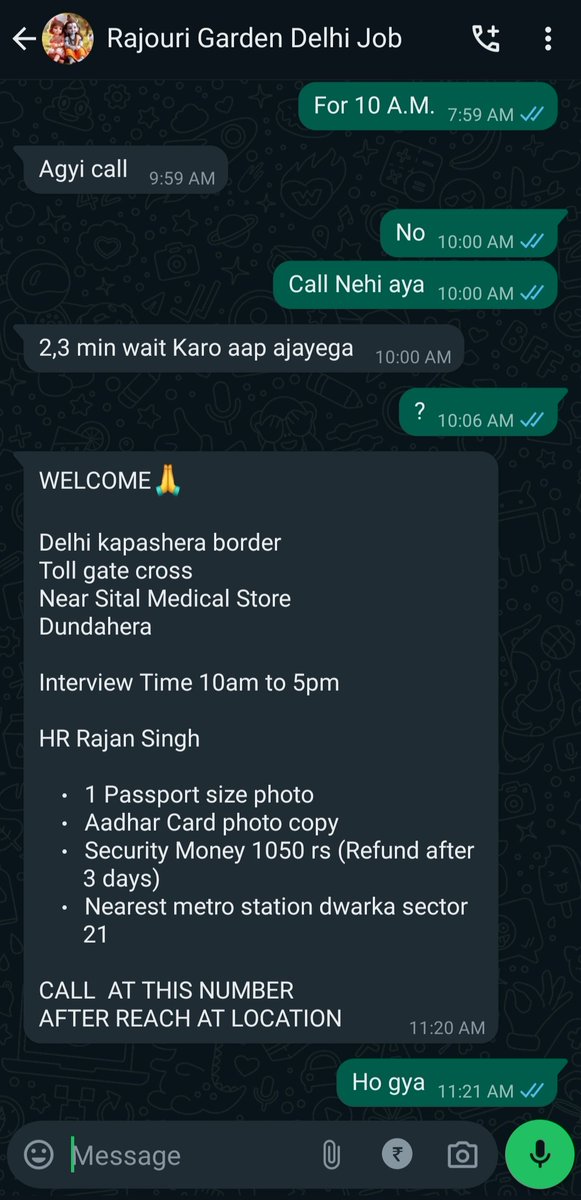 Jobs Scam please help me!
I paid  ₹1150 then  ₹750 Cash, they are not giving me job. Still Law Alive?

@DelhiPolice @cmohry
@police_haryana @dtptraffic
@PMOIndia @HMOIndia
