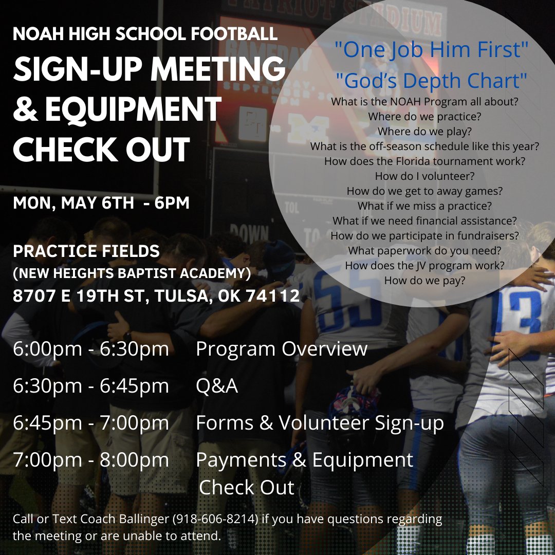 NOAH Jags High School Football Sign-Up Meeting
Monday, May 6th, 6pm
8707 E 19th St, Tulsa, OK 74112