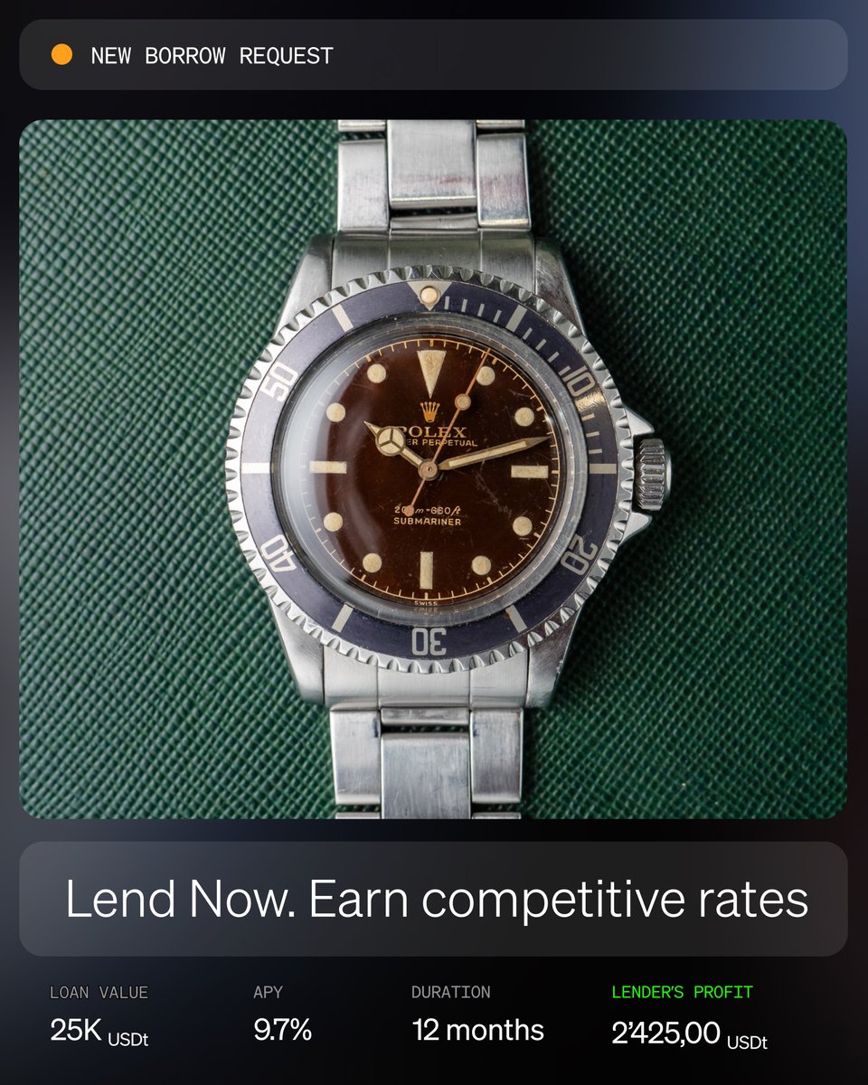 🎆 Now Live! 🎆 We have two new exclusive lending opportunities with Rolex watches: ⬇️ ⌚️Tiffany signed Submariner Date ⌚️Tropical Submariner 5512 Enjoy a solid 9.7% APY with our unique lending opportunities! #RWA Powered by $LCD Backed by @0xPolygon
