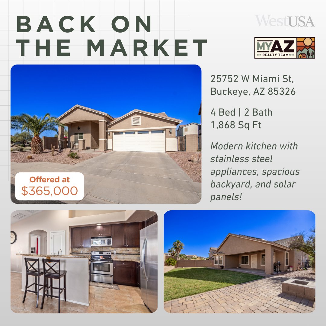 This home is #backonthemarket! It has open, vaulted ceilings, a kitchen with a breakfast bar, a covered patio and grassy backyard, and roof solar panels!

See the full details on our website phoenixhomesaz.com/homes-for-sale…

#forsale #homeforsale #MyAzRealtyTeam #WestUSARealty