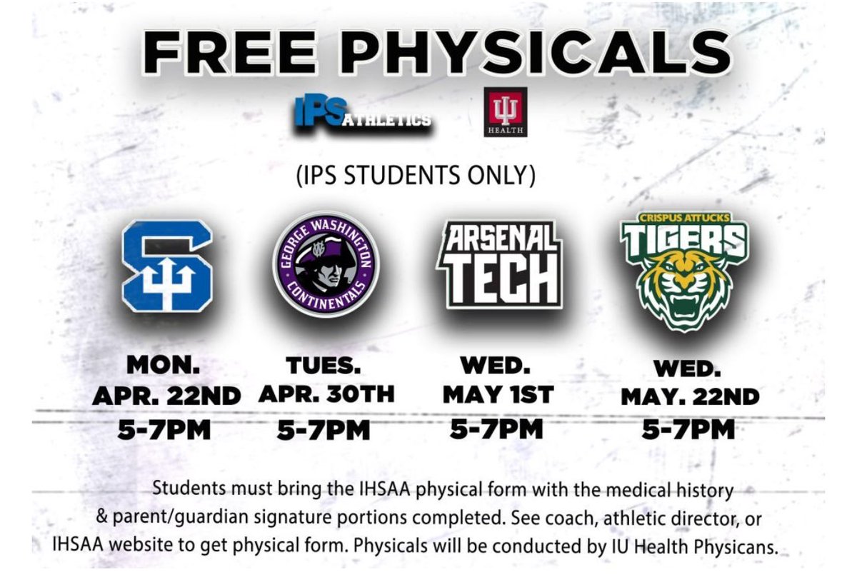SAVE THE DATES!

ALL @IPSSchools students please take advantage of these FREE dates for physicals.  

April 22nd
April 30th
May 1st
May 22nd