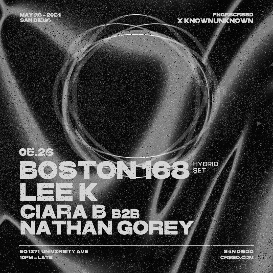Tickets are now OPEN for next month’s #knownunknown with Boston 168, @lee_k__, Ciara B & Nathan Gorey at EQ (formerly @TheMerrowSD) ⚔️ GET TICKETS: showclix.com/event/fngrs-cr…