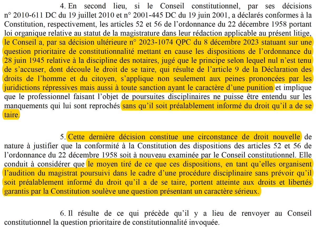Droit des magistrats de garder le silence : Le <a href="/Conseil_Etat/">Conseil d'État</a> renvoie au <a href="/Conseil_constit/">Conseil constit</a> une QPC.

Transmise par le <a href="/CSMagistrature/">Conseil magistrature</a>, cette QPC avait initialement été rejetée par le <a href="/Conseil_Etat/">Conseil d'État</a>.

Avant que le <a href="/Conseil_constit/">Conseil constit</a> ne le contredise frontalement... D'où le revirement.