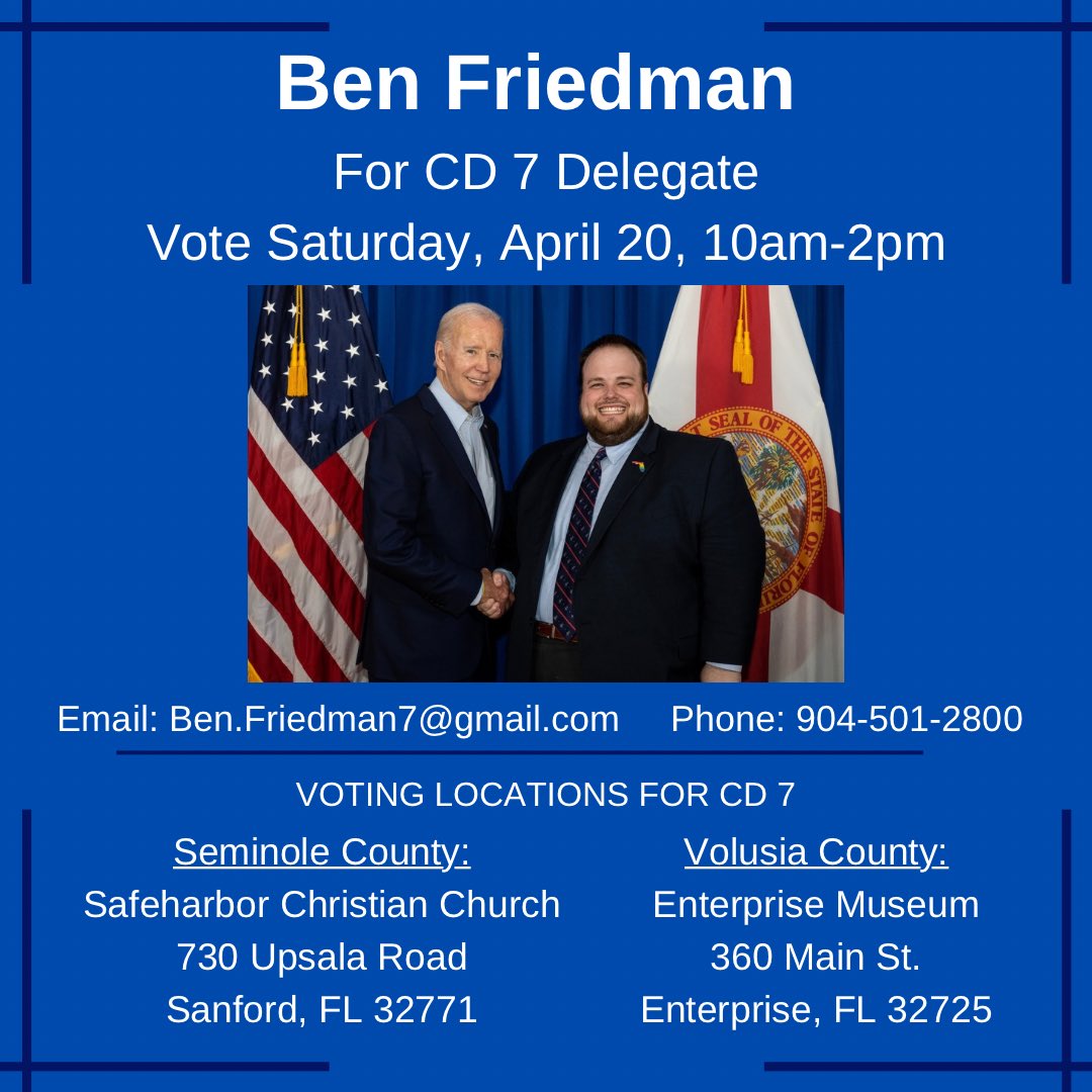 Tomorrow is the day!! If you are a Democrat in Seminole County or southern Volusia County, come out and cast your ballot for DNC Delegate for CD7!