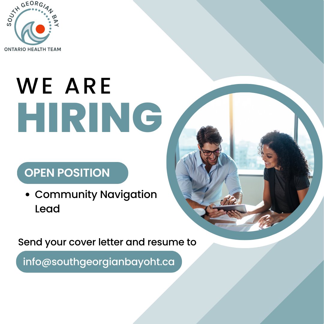 We are hiring! We are looking for a part-time Community Navigation Lead to provide system navigation support to our South Georgian Bay patients. Learn more at southgeorgianbayoht.ca/careers-and-op… #OHTs #OntarioHealthTeam