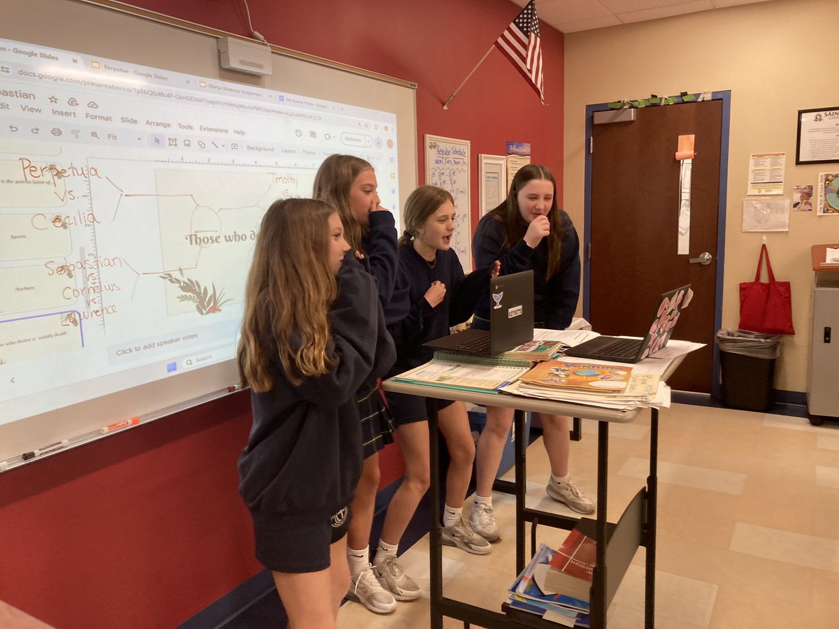 MsStrukely1's tweet photo. It was our annual Martyr Madness tournament today. Students had to research an early church martyr and present to their classmates why their Saint was the best. We voted on the presentations and saints advanced to the next “level”. Sebastian won in 2 classes and Cornelius won 1. https://t.co/2QhmLkTCir