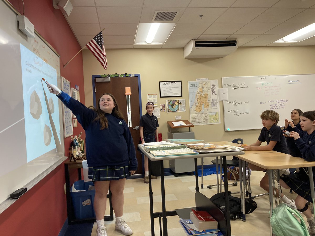 It was our annual Martyr Madness tournament today. Students had to research an early church martyr and present to their classmates why their Saint was the best. We voted on the presentations and saints advanced to the next “level”. Sebastian won in 2 classes and Cornelius won 1.