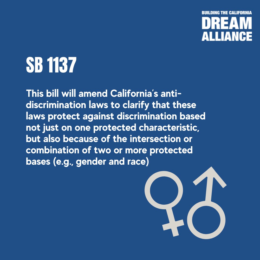 #SB1137 will amend California's anti-discrimination laws to explicitly safeguard against discrimination stemming from the intersection or combination of multiple protected characteristics (e.g. gender and race).