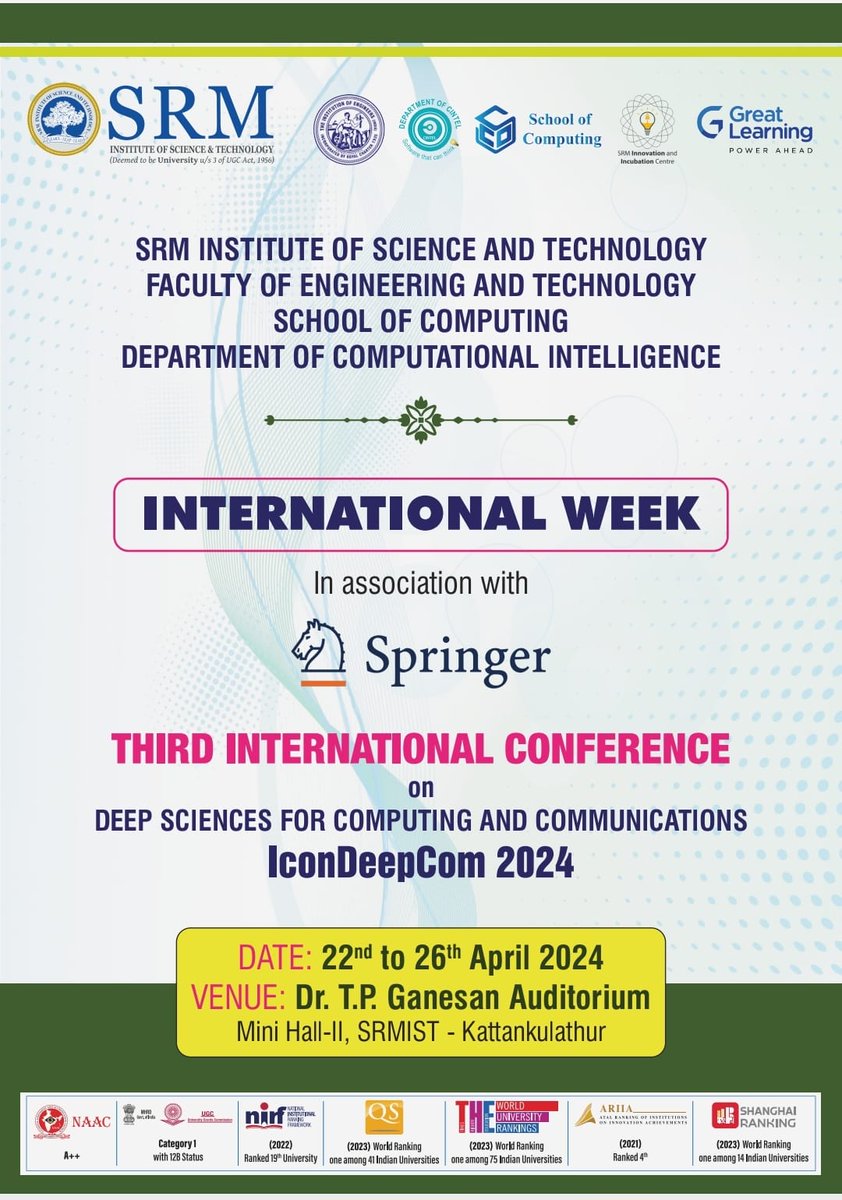 SoC_SRMIST's tweet image. On behalf of the Computational Intelligence department, School of Computing,SRM Institute of science and technology, Kattankulathur.
 #srmist #schoolofcomputing #cintel #internationalweek #conference