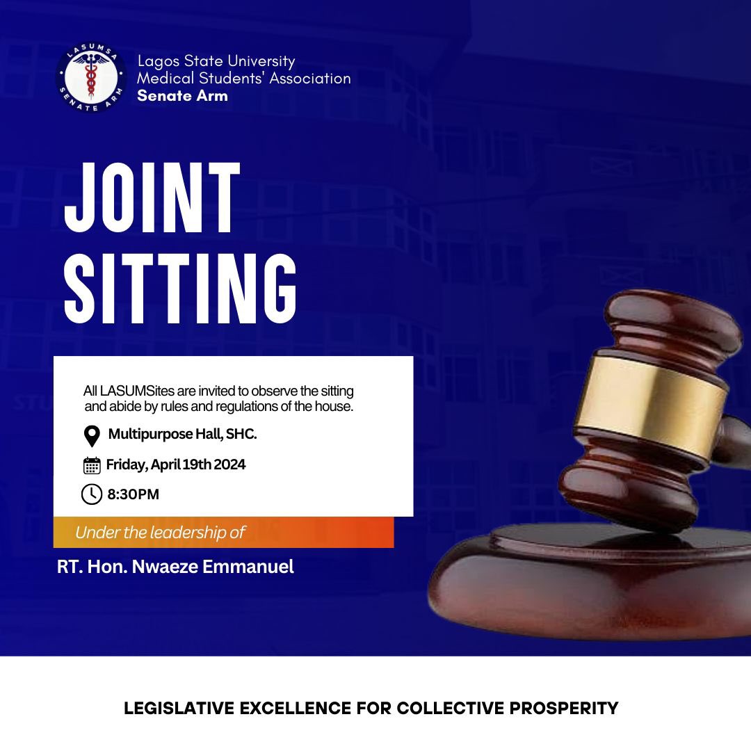 Lasumsa_senate's tweet photo. *INVITATION TO JOINT SITTING*

The LASUMSA Senate writes to invite you to a JOINT SITTING which is slated to hold on 

*Date: Friday, 19th of April, 2024.*
 
*Time: 8:30pm prompt*. 

*Venue: Multipurpose Hall, SHC.* https://t.co/HTZYF3z20h