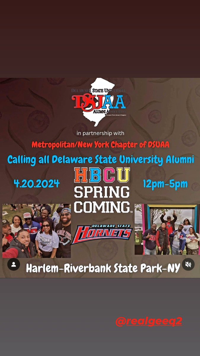 IamGeeQ's tweet image. If you're in the Metropolitan area, pull up to Riverbank State Park. Delaware State alumni chapter of New Jersey and New York will have tents, refreshments, etc. Come by and enjoy a good time with other fellow Hornets, other HBCU members, and friends.
#DelawareState #DSUCircle