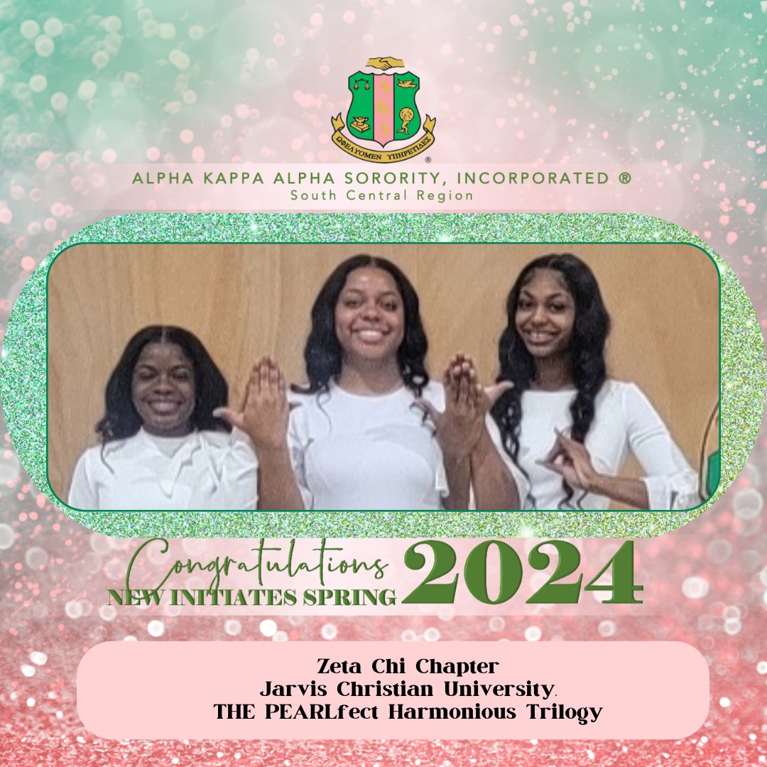 SouthCentralAKA's tweet image. Congratulations to the newest members of Alpha Kappa Alpha Sorority, Inc. ® in the Zeta Chi Chapter on the campus of Jarvis Christian University. Meet and greet the THE PEARLfect Harmonious Trilogy!
#AKA1908 #WeAreSouthCentral #NewMemberSpotlight #Spring2024