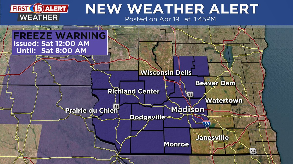 NEW: A Freeze Warning has been issued for the highlighted locations until Apr 20 8:00AM.
Stay tuned to 15 News for the latest updates. #wiwx