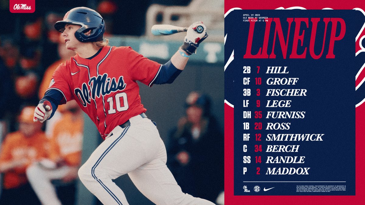 Lineup for game one at Georgia #HottyToddy #RoadREBS