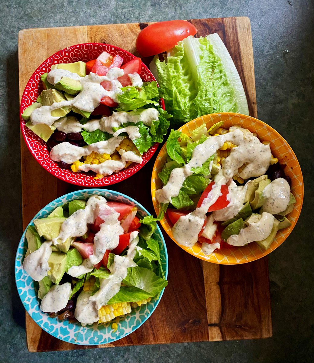 Our Burrito Bowls - fresh corn, Roma tomatoes, romaine, avocado & spicy beans on a bed of whole grain rice with salsa, and drizzled with homemade #vegan ranch.

This has been one of our favourites from #FussFreeVegan by @bonappetegan for years now.

#dinner #Veganuary #GoVegan