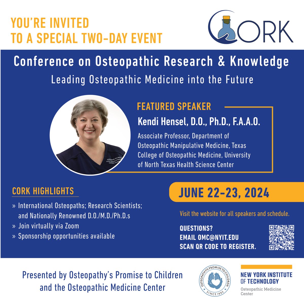 Join us for #CORK2024, a Two-Day Conference on Osteopathic Research and Knowledge! 📅 June 22-23, 2024 📍 NYIT College of Osteopathic Medicine 🌐 RSVP: nyit.edu/u/tZE9Q0 Follow @corkconference on Instagram. Questions? Email OMC@nyit.edu. @AOAforDOs