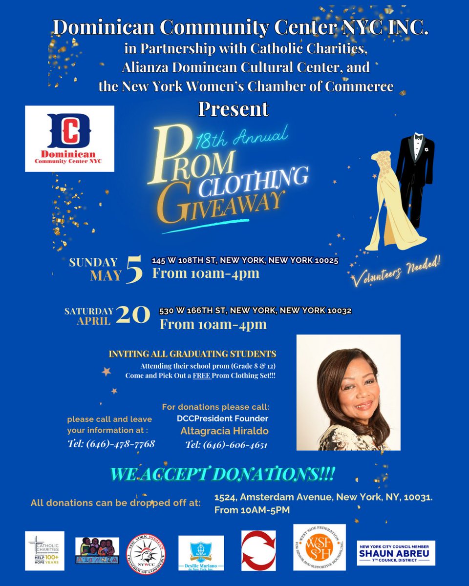 NYCYouth's tweet image. 💃🕺 Ready to shine at prom? The Dominican Community Center and partners have you covered!

All graduating students in Grades 8 and 12 are welcome to the 18th Annual Prom Clothing Giveaway!

🎉 Questions or want to donate? Check out the details on the flyer!

#NYCYouth #PromReady