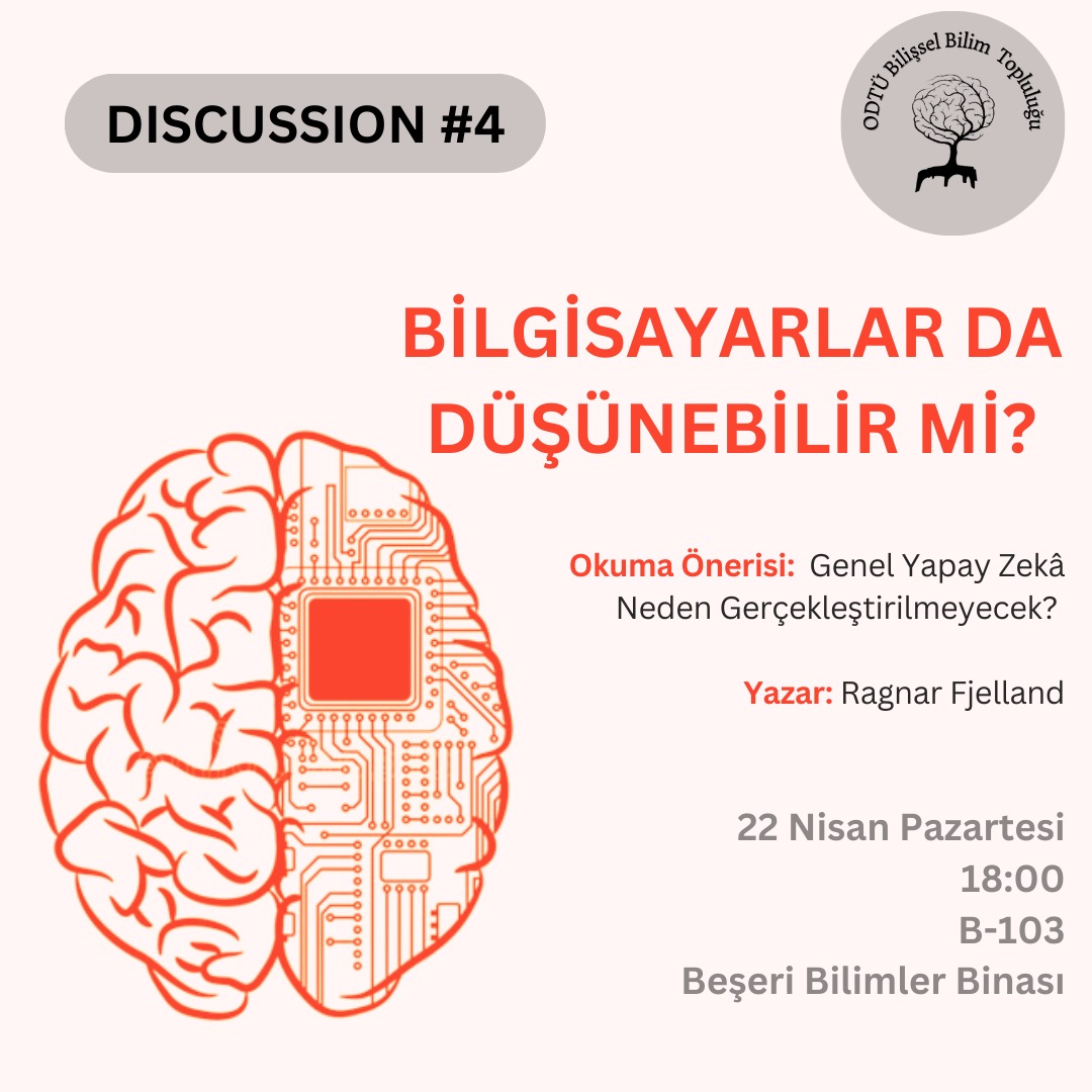 ODTU_Cogsci's tweet photo. Bu Pazartesi "Bilgisayarlar da Düşünebilir mi?" sorusu üzerine tartışacağız. 🤩
 Herhangi bir ön hazırlık gerekmemekle birlikte, isteyenler aşağıda bulunan linkten makale önerimize ulaşabilir! 🌸
Pazartesi görüşmek üzere, bakalım ne sonuca varacağız! 👀 https://t.co/ajt292D93t