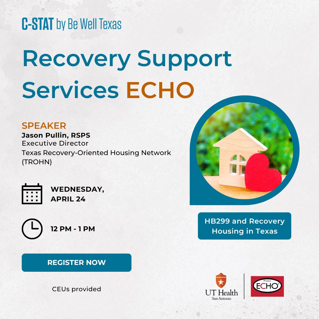 What is HB299, and what does it mean for #RecoveryHousing in #Texas? 🏘️ Join TROHN Executive Director, Jason Pullin, to learn more about the new HB299 bill at this month's #RecoverySupportServices #ProjectECHO on April 24th! Register today! c-stat.uthscsa.edu/echo/recovery-…