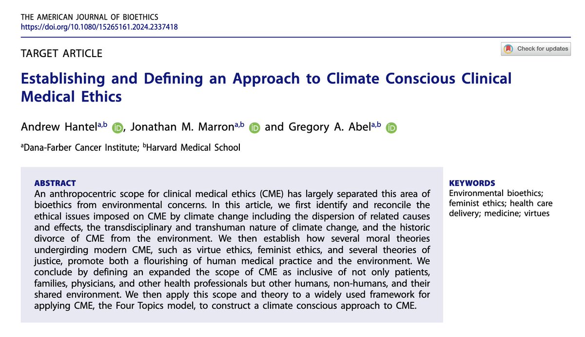 Pleased to share a new 📜 w @DanaFarber colleagues Andrew Hantel and Goyo Abel, out now in @bioethics_net tandfonline.com/doi/full/10.10… We describe how clinical #ethics largely ignores environmental issues & pose several paths forward for a more 'climate conscious' clin med ethics🌎🌲