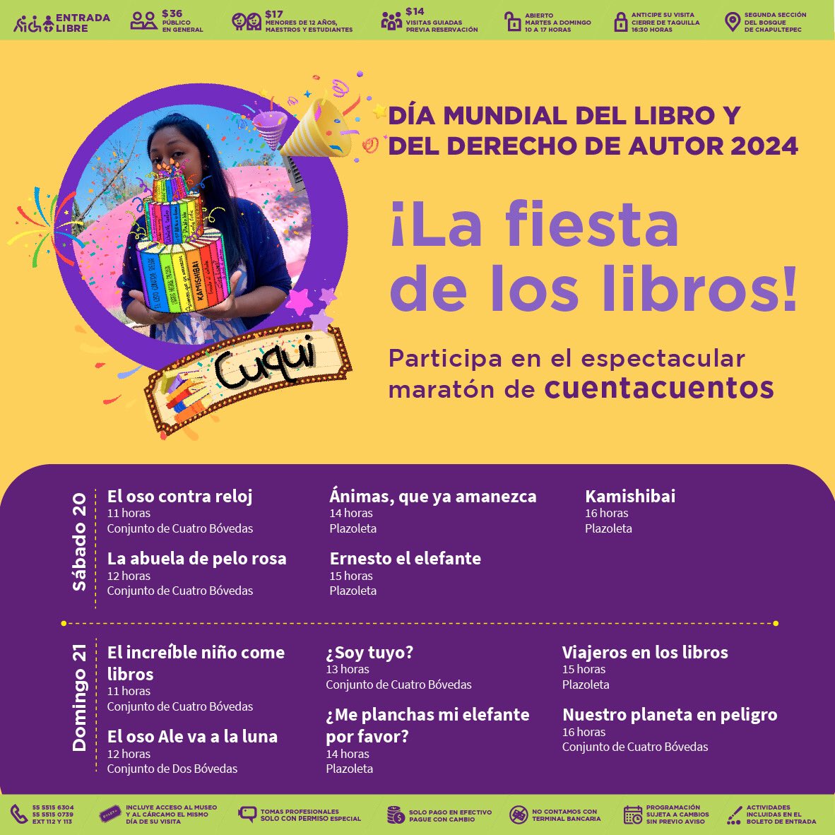 <a href="/mafcultura/">Museo Archivo de la Fotografía</a> <a href="/MUSEOMODO/">MuseoObjetodelObjeto</a> <a href="/La_Rodadora/">La Rodadora</a> #HablandoDeMuseos ¡La fiesta de los libros! En el marco del Día Mundial del Libro y del Derecho de Autor 2024, participa en este maratón de cuentos, sábado 20 y domingo 21 de abril de 11 a 16 h. 📚👦🏻📚👧🏻📚👧🏼📚🧒🏼