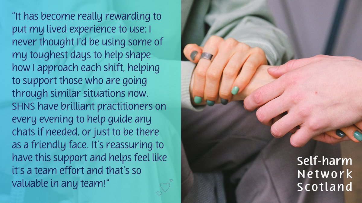 SHNScotland's tweet photo. Thank you to one of our volunteers for sharing what they get out of volunteering with us🥰

Would you like to volunteer with us?🫴

We're currently on the look-out for a Self-Harm Network Volunteer. Find out more and apply here👇
https://t.co/SGsiF80Ixh

#VolunteerRecognitionDay https://t.co/pDNKKDnGEa