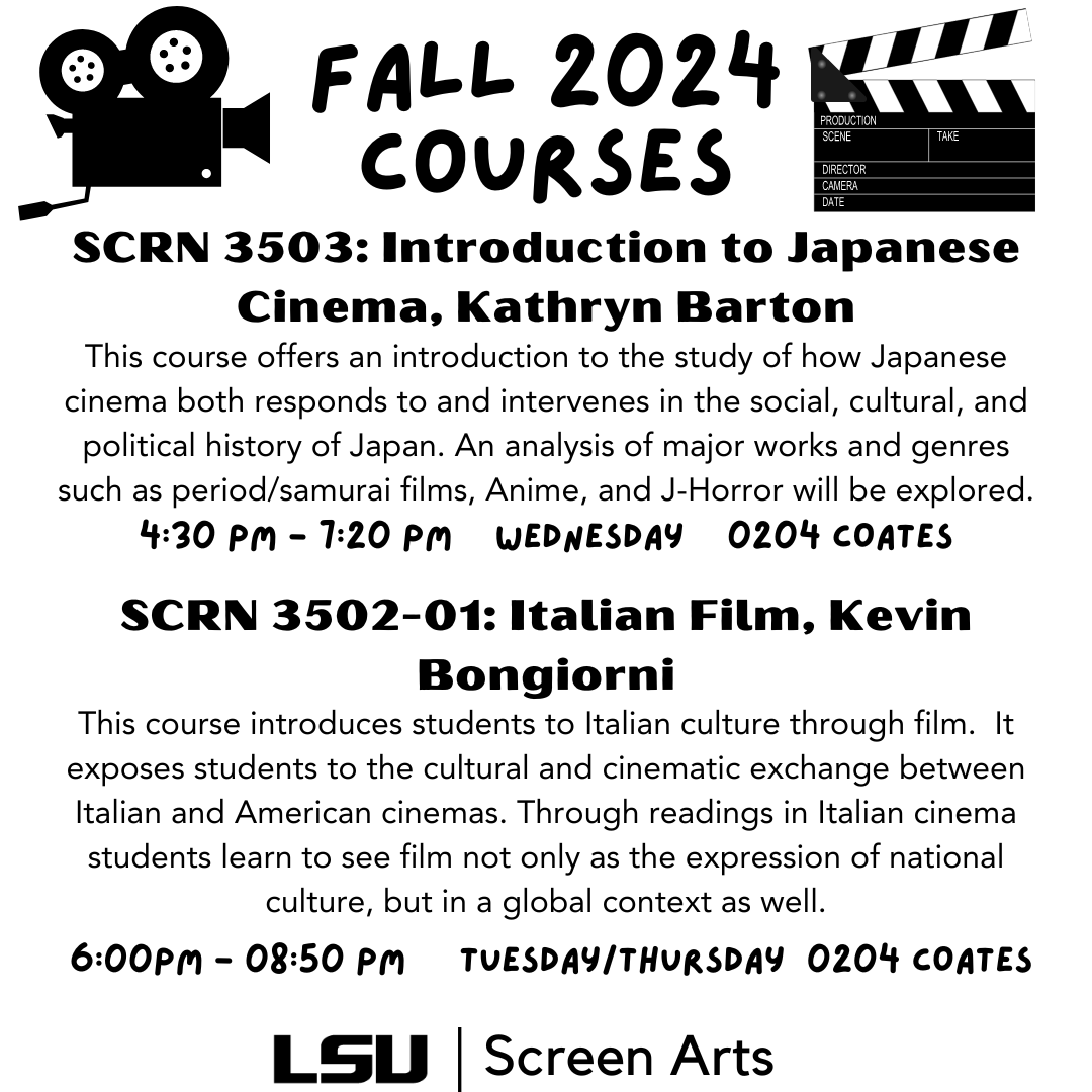LSUScreenArts's tweet image. Need to add another course or to change your schedule? Seats are still available in these two Screen Arts courses that are each 3 credit hours. #geauxSCRN
