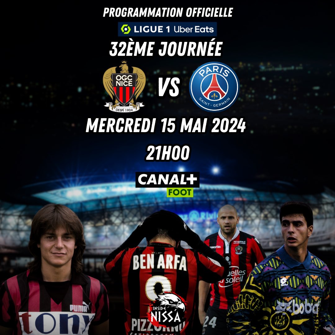 La rencontre #OGCNice - #PSG comptant pour la 32ème journée de @Ligue1UberEats, a été programmée le mercredi 15 mai 2024 à 21h.

#OGCNPSG 

📺 @CanalplusFoot