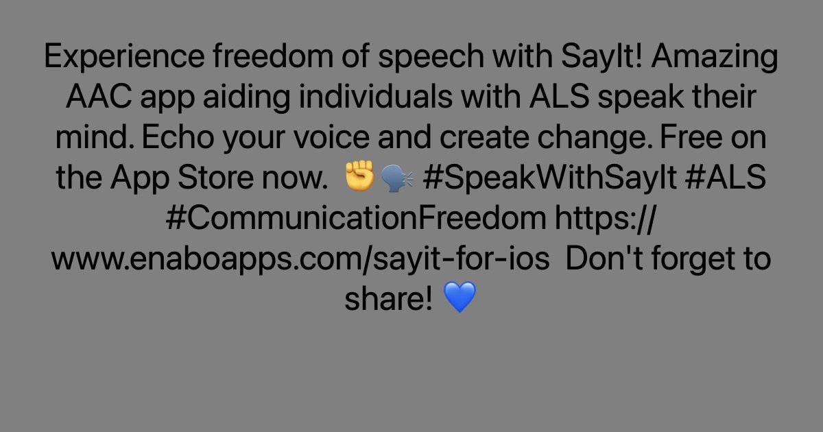 Experience freedom of speech with SayIt! Amazing AAC app aiding individuals with ALS speak their mind. Echo your voice and create change. Free on the App Store now. ✊🗣️ #SpeakWithSayIt #ALS #CommunicationFreedom ayr.app/l/UWc9 Don't forget to share! 💙