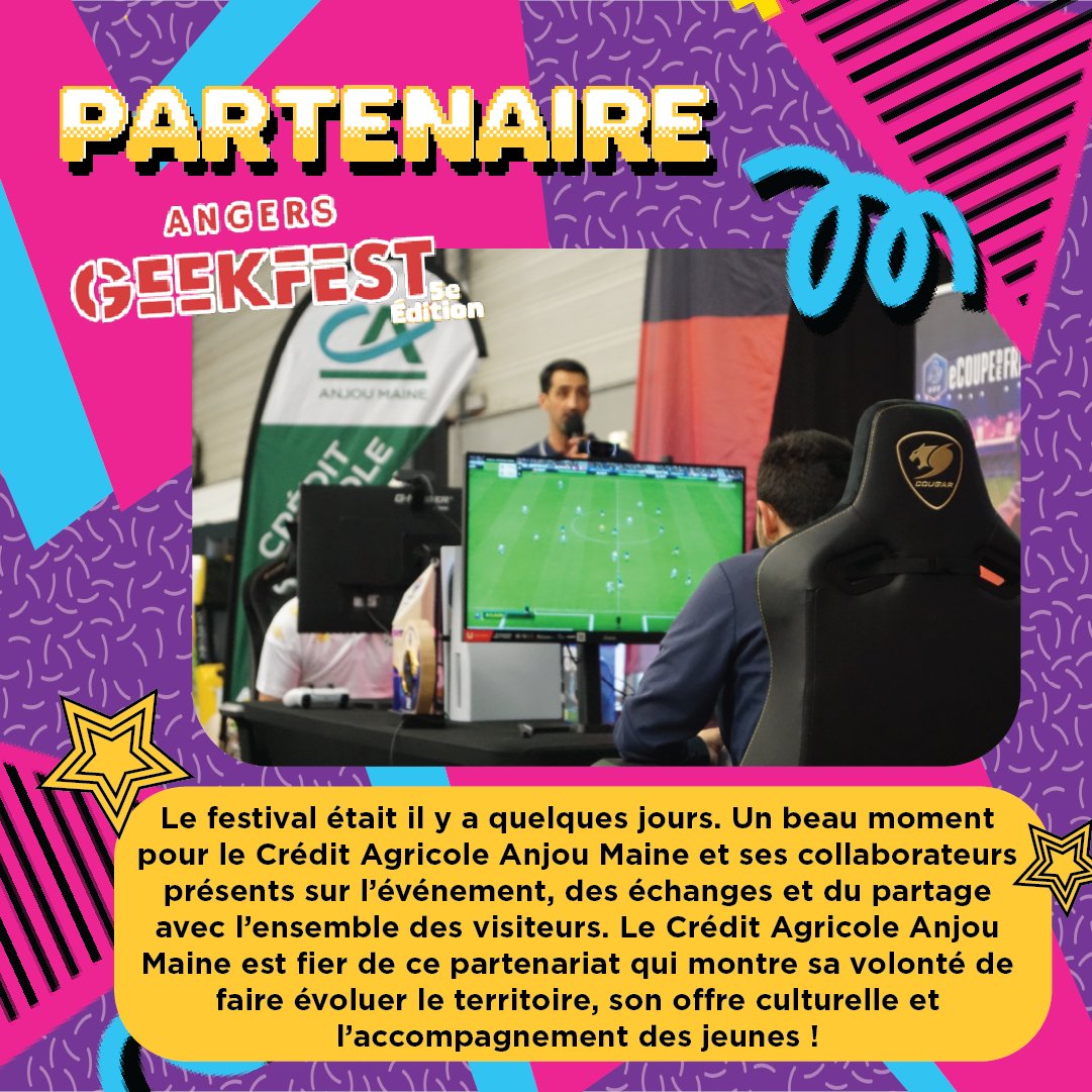 Un grand merci à @@CAAnjouMaine, ainsi qu'à ses collaborateurs @CAAtlantVendee & @LigueFootLFPL, pour avoir organisé la finale régionale de la e-Coupe de France de Football sur FC24, et plus généralement pour leurs actions pour la jeunesse ! #angers #geek #geekfest #partenaire