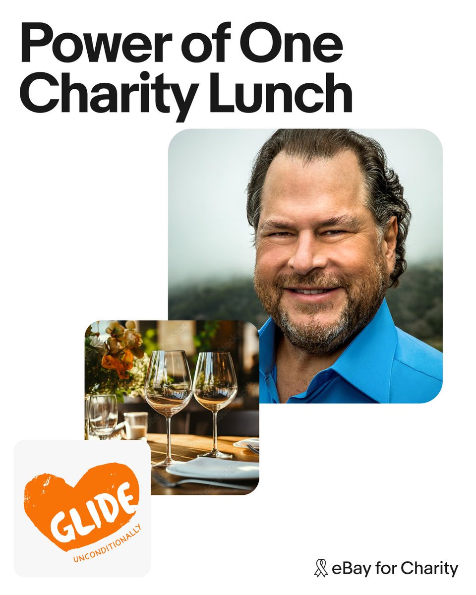 eBay for Charity and @GLIDEsf's Power of One Charity Lunch Auction is back. Taking over from the previous host, Warren Buffett, is Salesforce Chair and CEO Marc Benioff, who will dine with the winning bidder. Check to see if you pre-qualify. bit.ly/3U4Ss02
