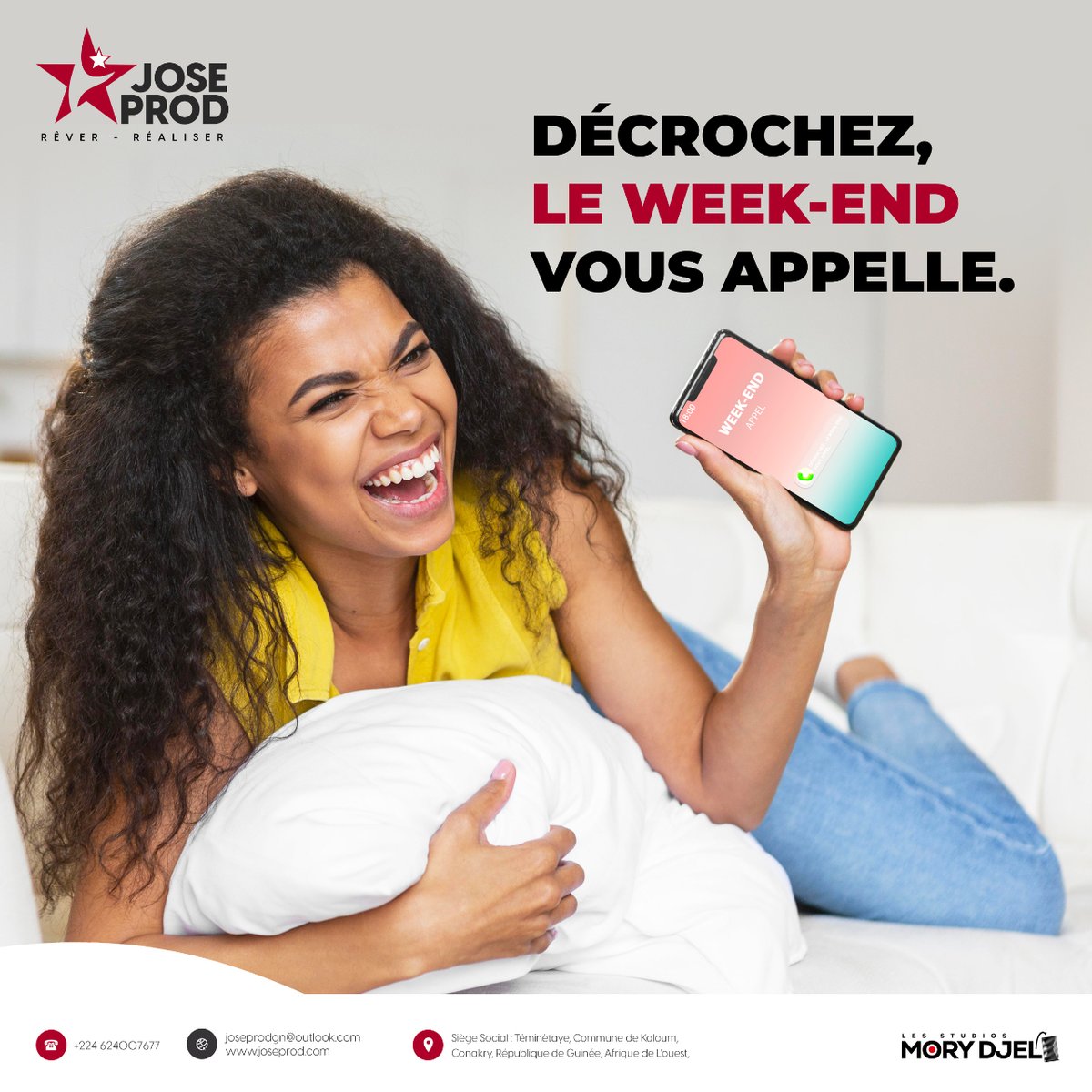 *'Décrochez, laissez-vous emporter par le doux chant du weekend.'* 🌟 #ExcellentWeekend ! 😊

#Joseprod #LesStudiosMoryDjeli #Communication #CommunityManagement #Audiovisuel #Shoot #Event #Spot #WeekendMood