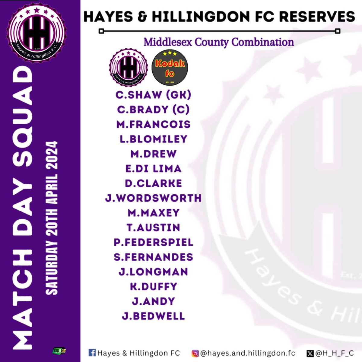 Tomorrow’s match day squads.. 👊🏾⚽️💪🏼

(Our partners; Swirles Barbers, Southbourne Electrical & Richings Sports Park) 

#HHFC #morethanafootballclub #hayesandhillingdonfc #hhfc #matchday #footballers #saturdayfootball #nonleague #middlesexcounty #middxfa #MCFL #MCPD 

💜🖤