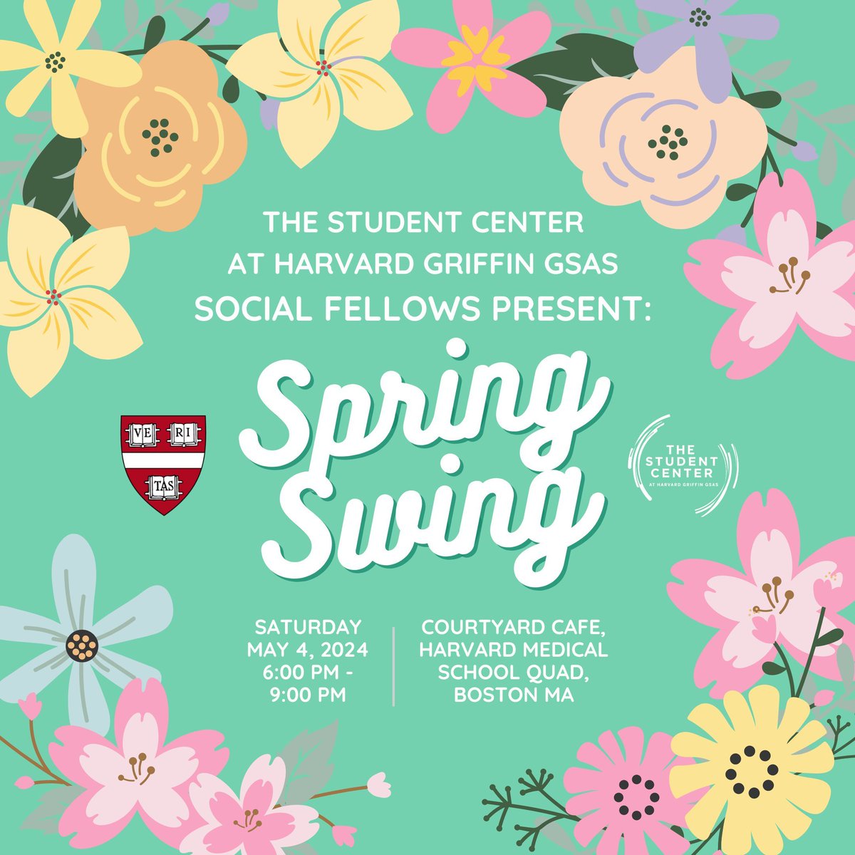 Dress up, get down, put on your dancing shoes, and join the Student Center Arts and Social Fellows for the Spring Swing at the Courtyard Cafe on Saturday, May 4th, 2024, from 6:00 p.m. to 9:00 p.m. Find more information via engage.gsas.harvard.edu/event/10120833. #FindYourCenter @harvardgsas