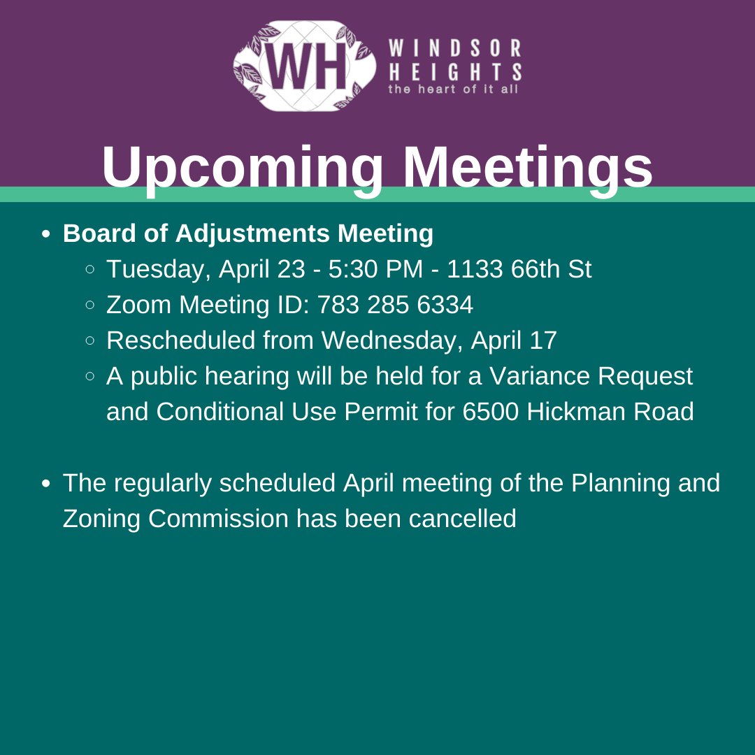 Join us next week on Tuesday, April 23 for the next Board of Adjustments meeting in the City Council Chambers at 1133 66th St. View the full agenda and Zoom link at windsorheightsia.portal.civicclerk.com/event/378/over…
