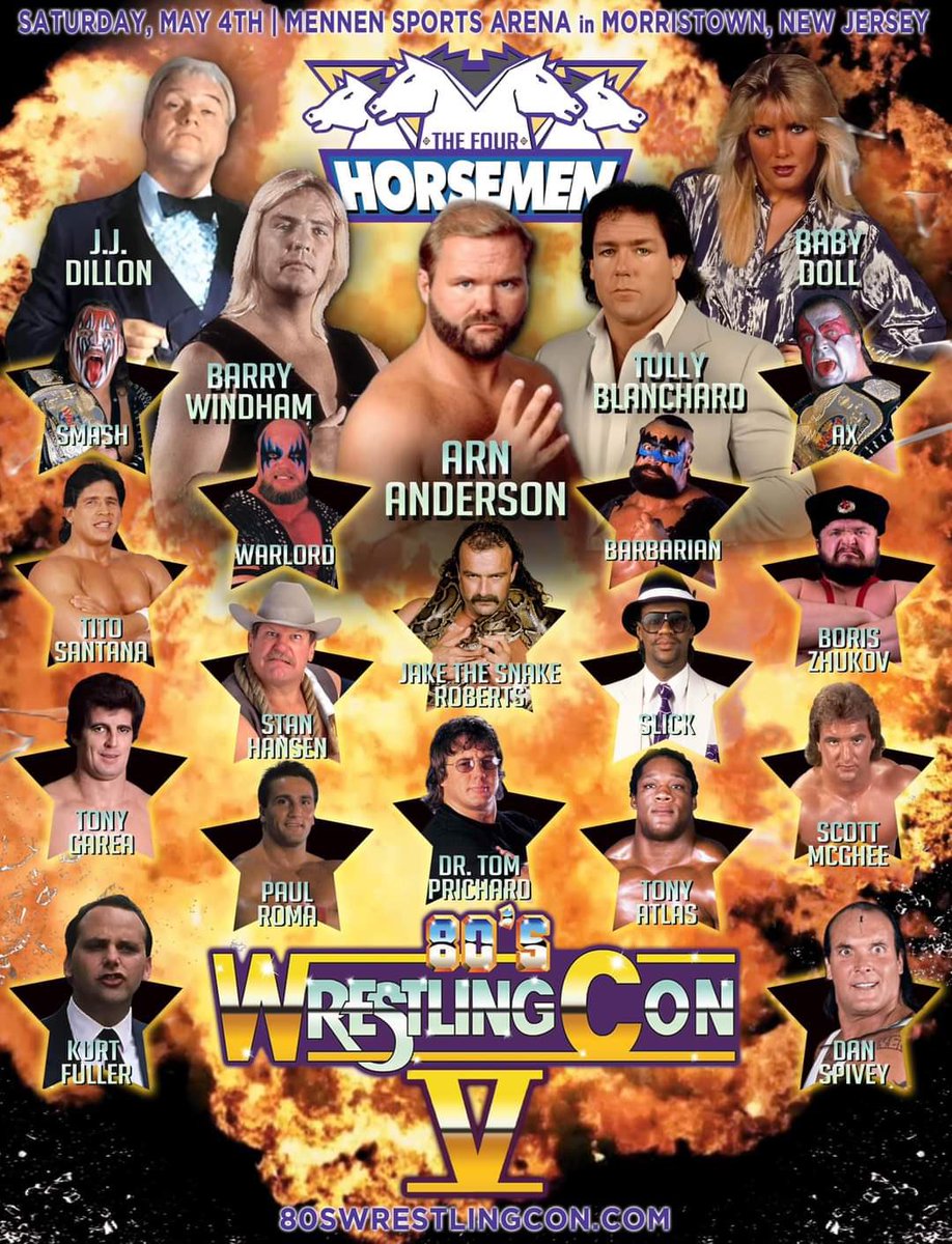 May will be here before you know it and you don’t want to miss the big show in #NewJersey. Be part of the Four Horsemen Reunion at @80sWrestlingCon at the Mennen Sports Arena. Tickets and info at 80sWrestlingCon.com